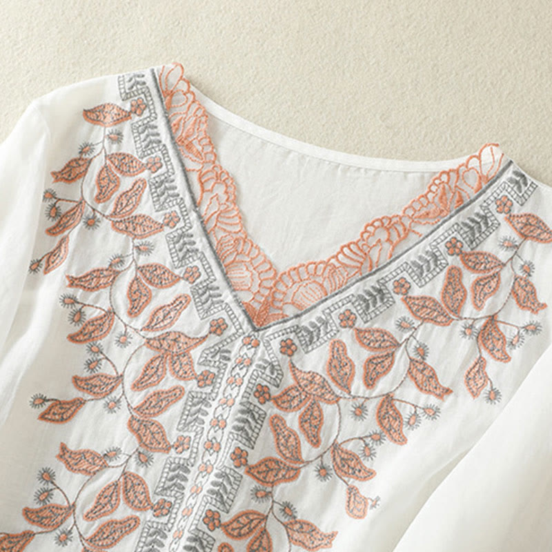 Camiseta informal de algodón y lino para mujer, de media manga, con encaje bordado y Buddha Stones - image 31