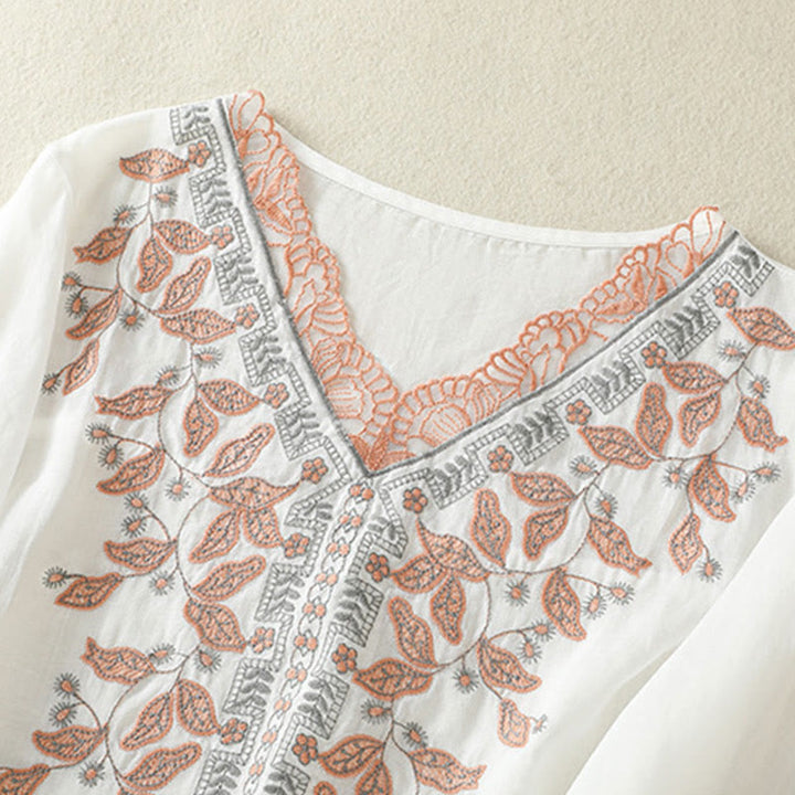 Camiseta informal de algodón y lino para mujer, de media manga, con encaje bordado y Buddha Stones - image 31