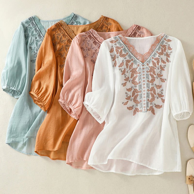 Camiseta informal de algodón y lino para mujer, de media manga, con encaje bordado y Buddha Stones - image 35