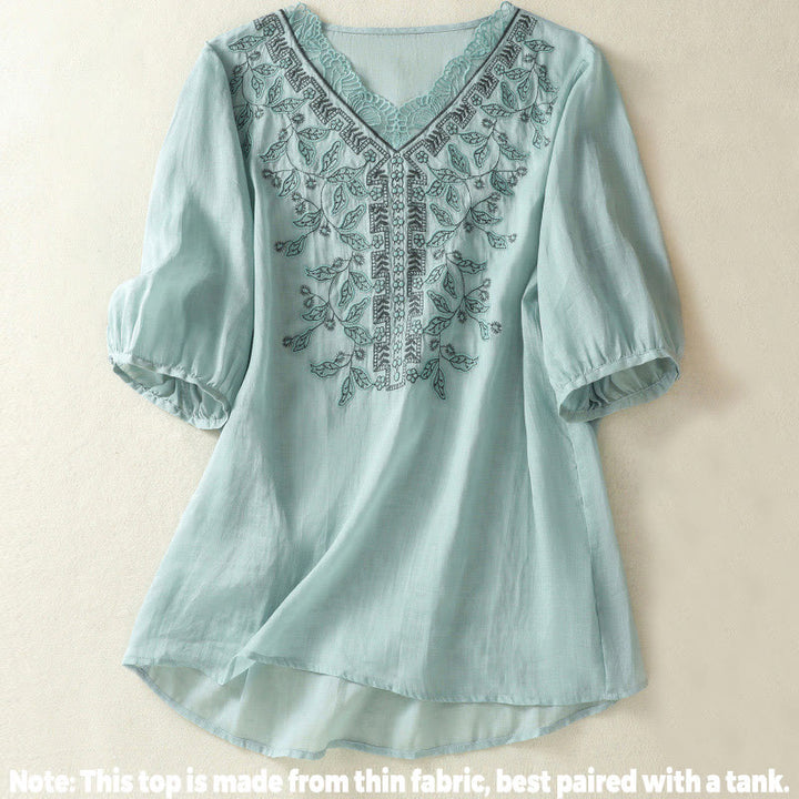 Camiseta informal de algodón y lino para mujer, de media manga, con encaje bordado y Buddha Stones - image 9