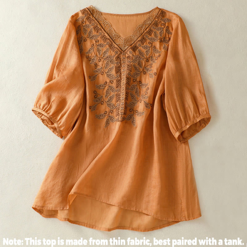 Camiseta informal de algodón y lino para mujer, de media manga, con encaje bordado y Buddha Stones - image 1