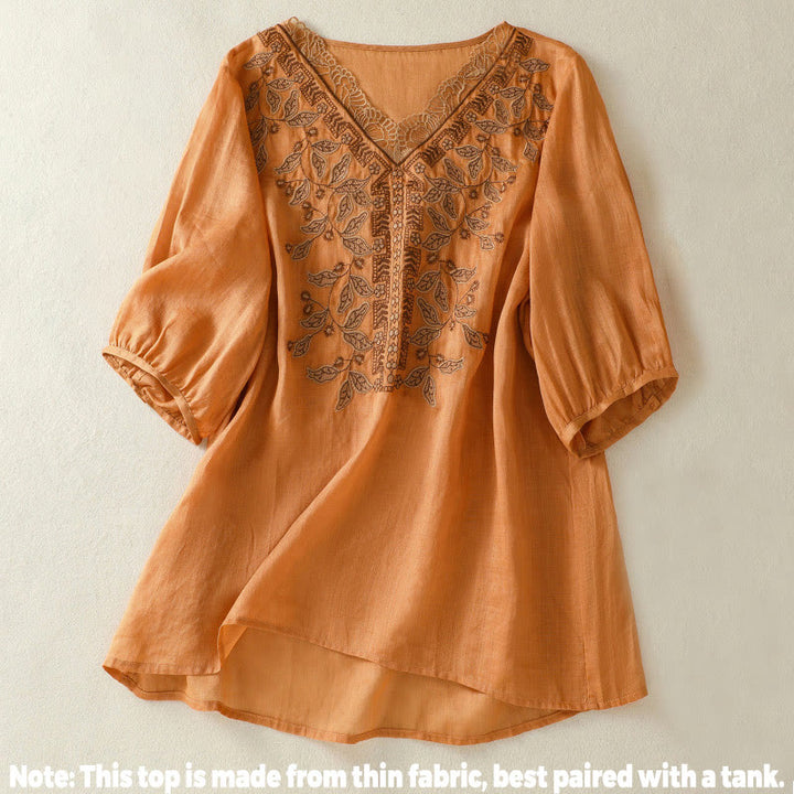 Camiseta informal de algodón y lino para mujer, de media manga, con encaje bordado y Buddha Stones - image 1