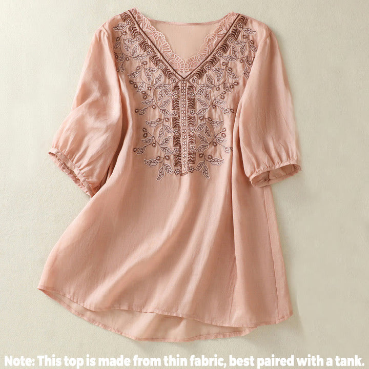 Camiseta informal de algodón y lino para mujer, de media manga, con encaje bordado y Buddha Stones - image 20