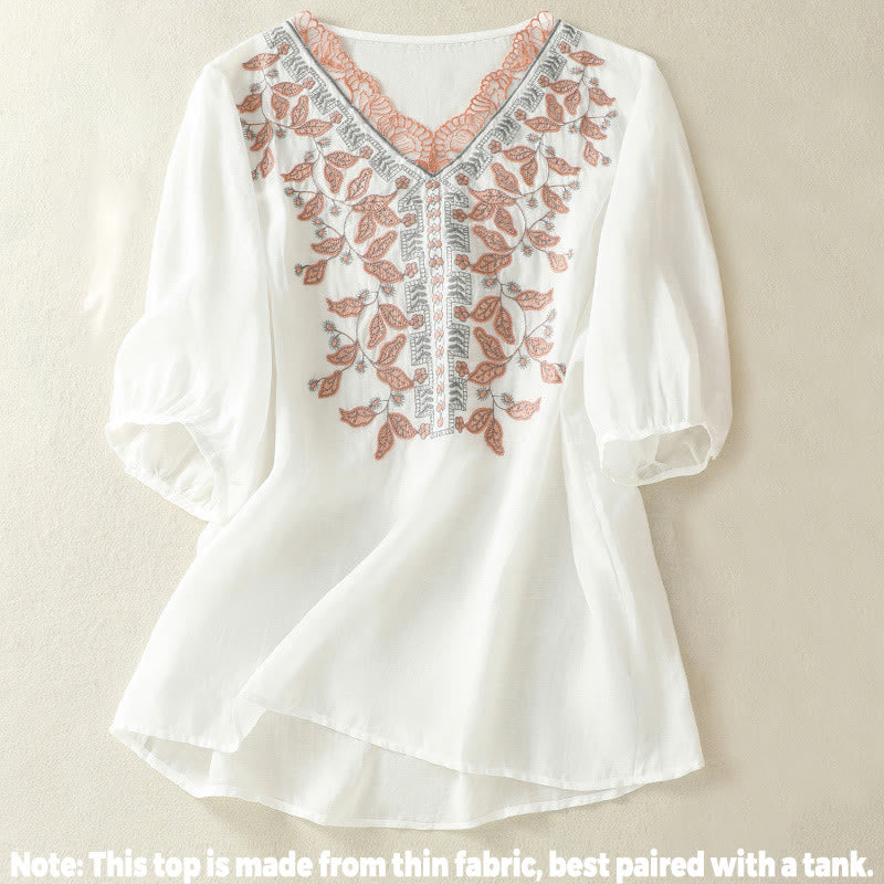 Camiseta informal de algodón y lino para mujer, de media manga, con encaje bordado y Buddha Stones - image 30