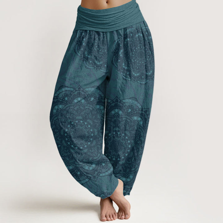 Pantalones Buddha Stones de algodón puro con estampado de mandalas y cachemira para mujer, con cintura elástica - Cian oscuro - US22，UK/AU26，EU54 (6XL) - image 0