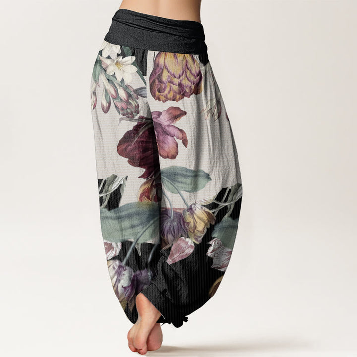 Pantalones harén de algodón puro con diseño de tulipanes y hojas verdes de Buddha Stones para mujer, con cintura elástica