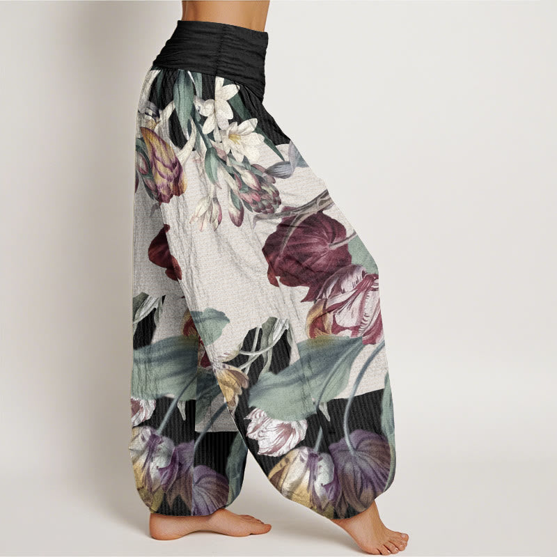 Pantalones harén de algodón puro con diseño de tulipanes y hojas verdes de Buddha Stones para mujer, con cintura elástica - image 2