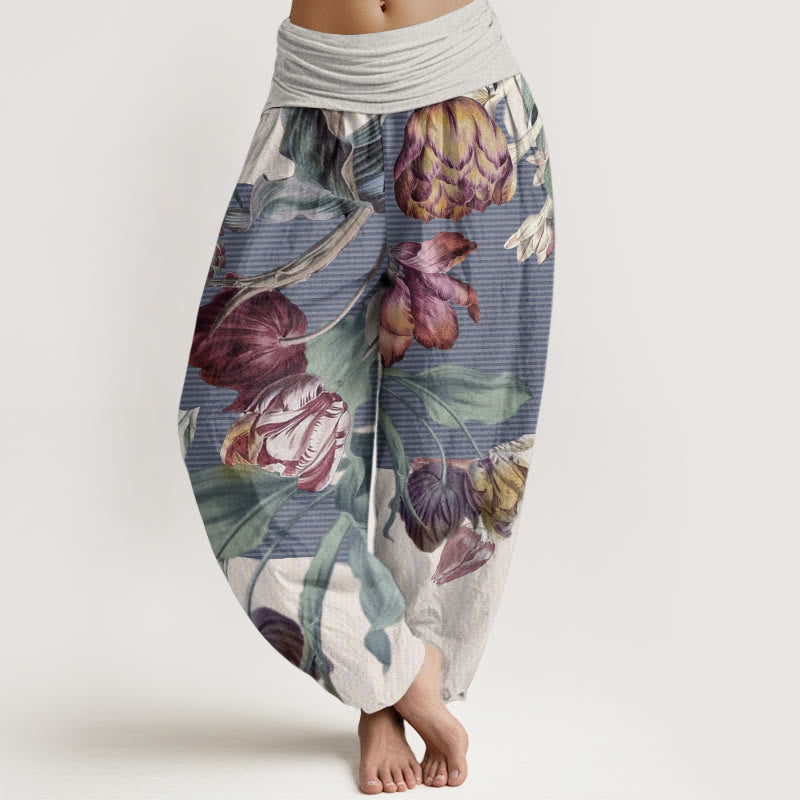 Pantalones harén de algodón puro con diseño de tulipanes y hojas verdes de Buddha Stones para mujer, con cintura elástica - Beige - US22，UK/AU26，EU54 (6XL) - image 6