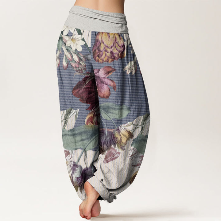 Pantalones harén de algodón puro con diseño de tulipanes y hojas verdes de Buddha Stones para mujer, con cintura elástica - image 7