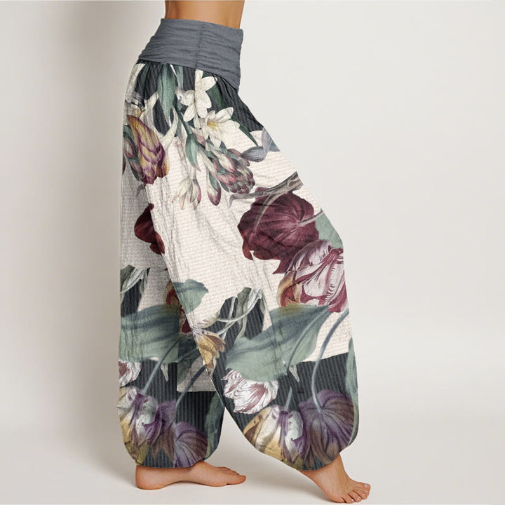 Pantalones harén de algodón puro con diseño de tulipanes y hojas verdes de Buddha Stones para mujer, con cintura elástica - image 11