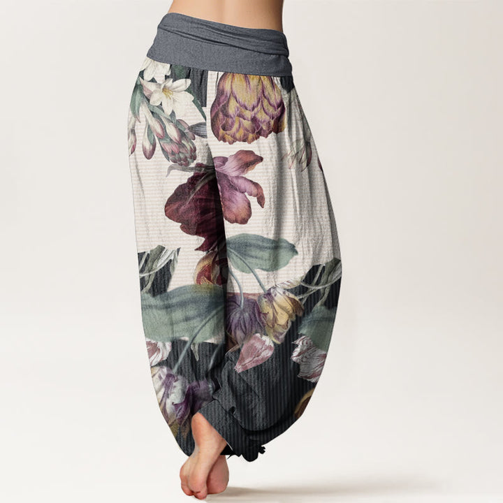 Pantalones harén de algodón puro con diseño de tulipanes y hojas verdes de Buddha Stones para mujer, con cintura elástica