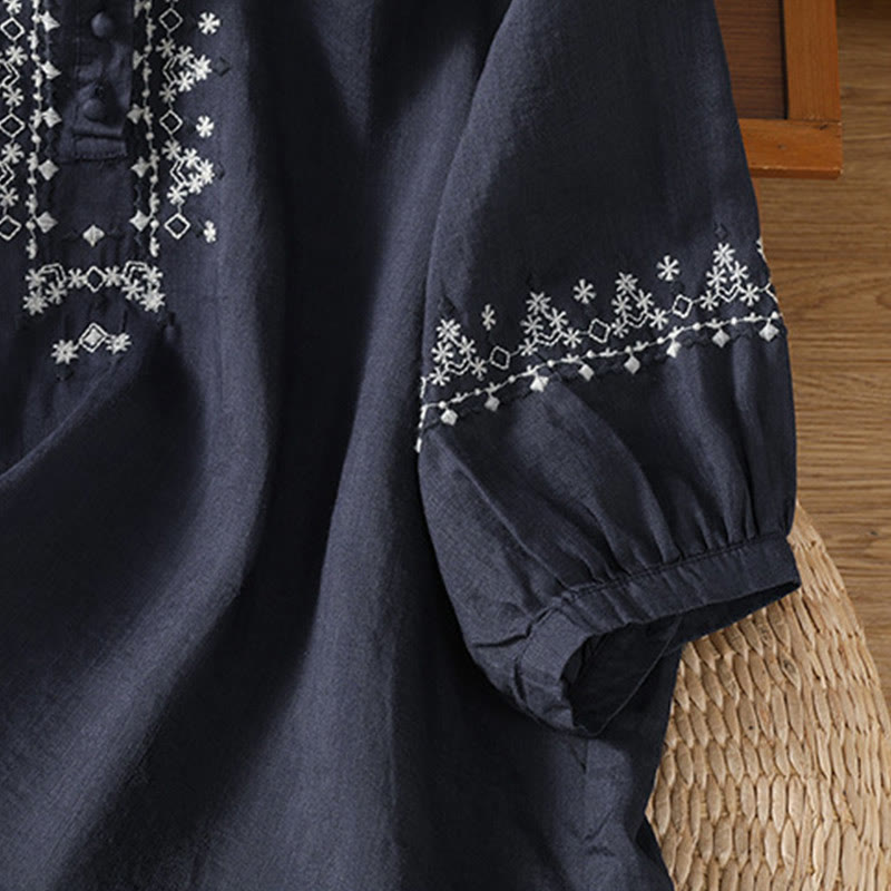 Camisa de algodón con cuello redondo y bordado simétrico de Buddha Stones para mujer - image 3