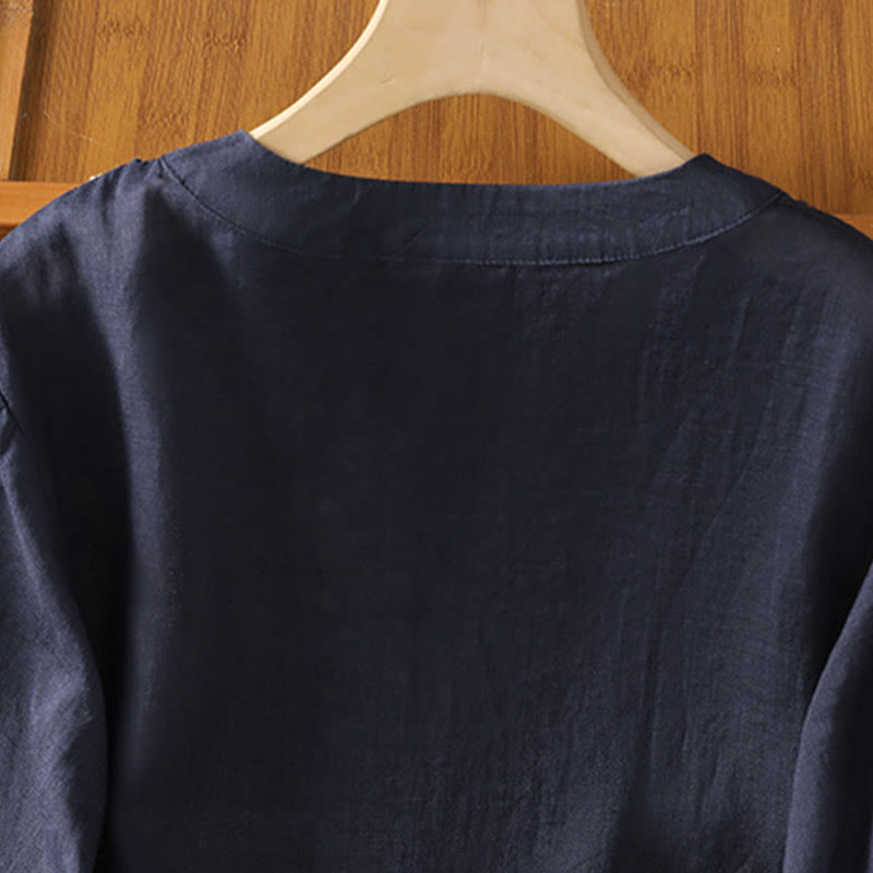 Camisa de algodón con cuello redondo y bordado simétrico de Buddha Stones para mujer - image 5