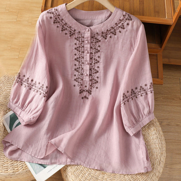 Camisa de algodón con cuello redondo y bordado simétrico de Buddha Stones para mujer - Ciruela - US14，UK/AU18，EU46 (2XL) - image 7