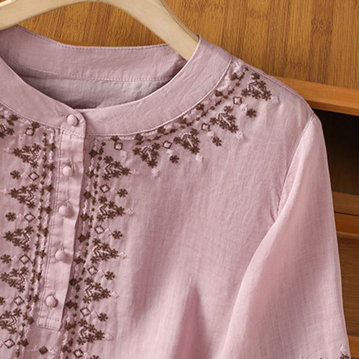 Camisa de algodón con cuello redondo y bordado simétrico de Buddha Stones para mujer - image 15