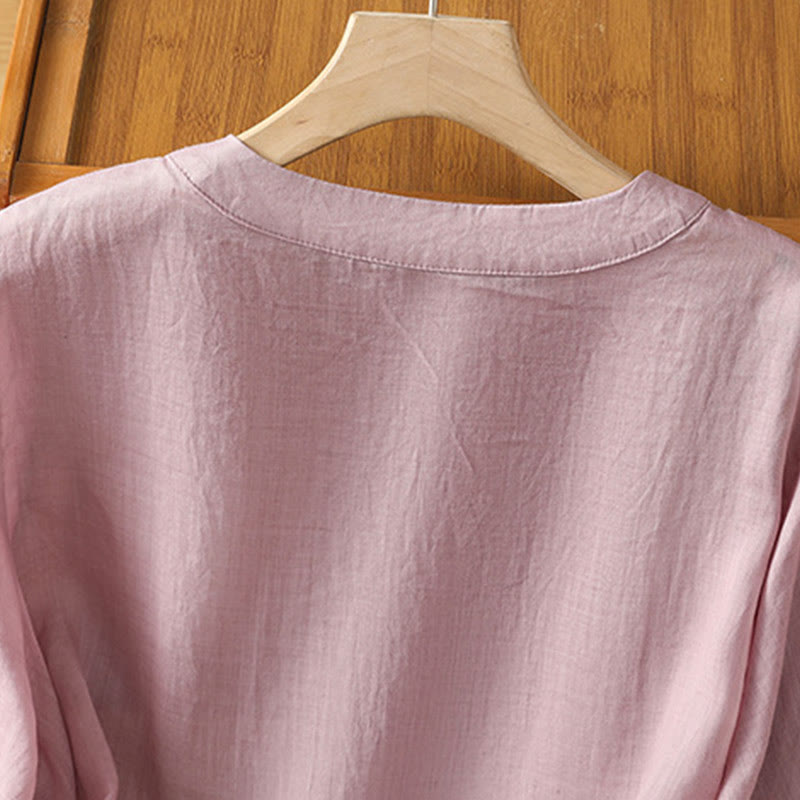Camisa de algodón con cuello redondo y bordado simétrico de Buddha Stones para mujer - image 13