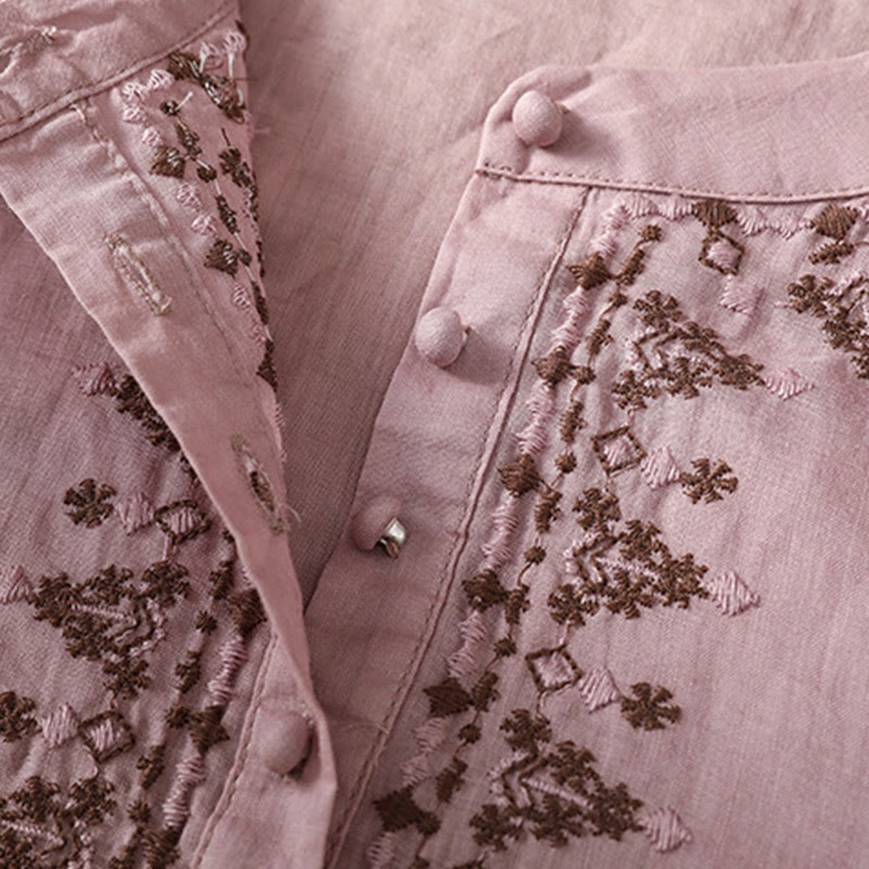 Camisa de algodón con cuello redondo y bordado simétrico de Buddha Stones para mujer - image 10