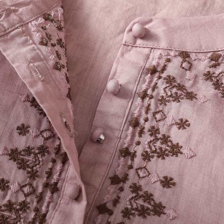 Camisa de algodón con cuello redondo y bordado simétrico de Buddha Stones para mujer - image 10