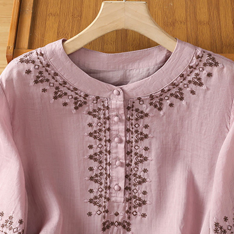 Camisa de algodón con cuello redondo y bordado simétrico de Buddha Stones para mujer - image 14