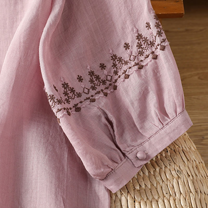Camisa de algodón con cuello redondo y bordado simétrico de Buddha Stones para mujer - image 12
