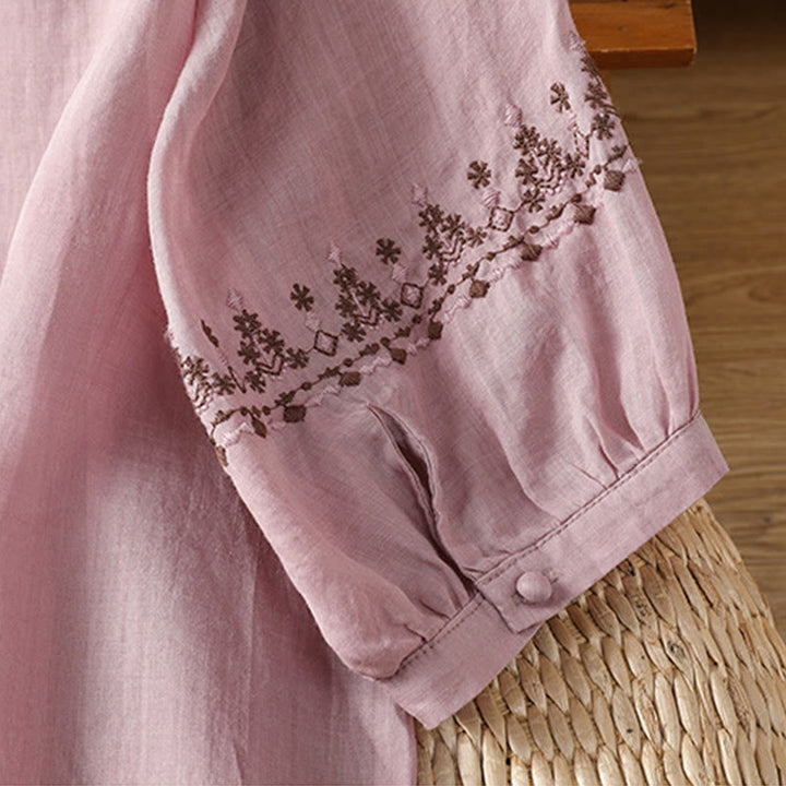 Camisa de algodón con cuello redondo y bordado simétrico de Buddha Stones para mujer - image 12
