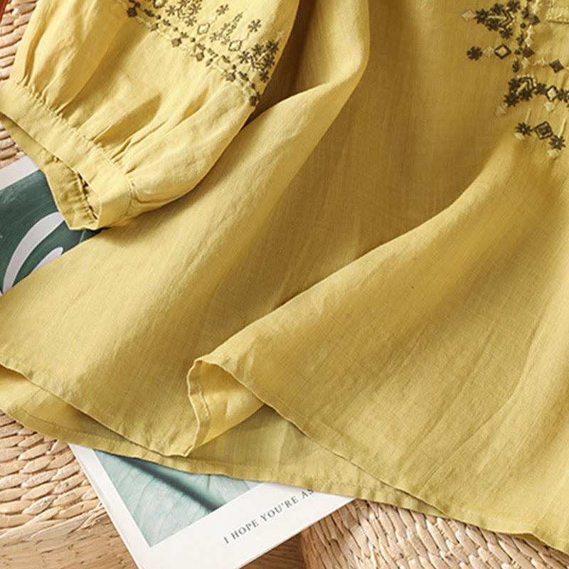 Camisa de algodón con cuello redondo y bordado simétrico de Buddha Stones para mujer - image 19