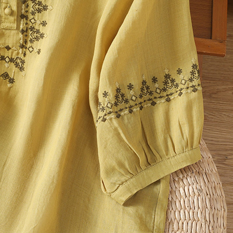 Camisa de algodón con cuello redondo y bordado simétrico de Buddha Stones para mujer - image 21