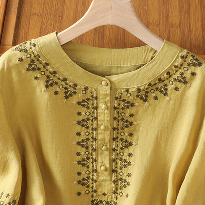 Camisa de algodón con cuello redondo y bordado simétrico de Buddha Stones para mujer - image 20