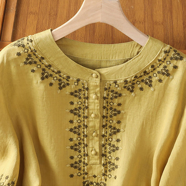 Camisa de algodón con cuello redondo y bordado simétrico de Buddha Stones para mujer - image 20