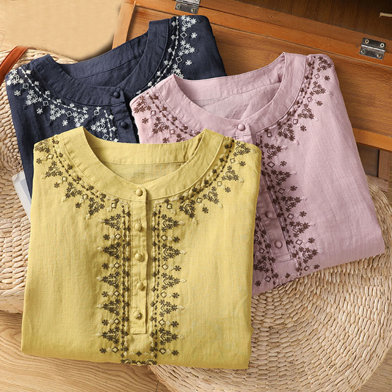 Camisa de algodón con cuello redondo y bordado simétrico de Buddha Stones para mujer - image 24
