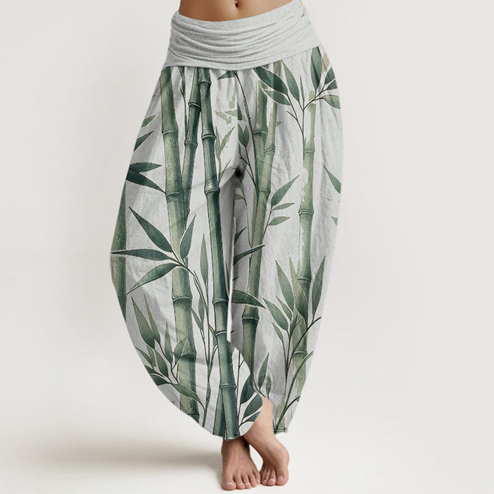 Pantalones harén de algodón puro con estampado de Buddha Stones de bambú para mujer, informales, con cintura elástica