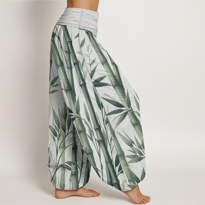 Pantalones harén de algodón puro con estampado de Buddha Stones de bambú para mujer, informales, con cintura elástica