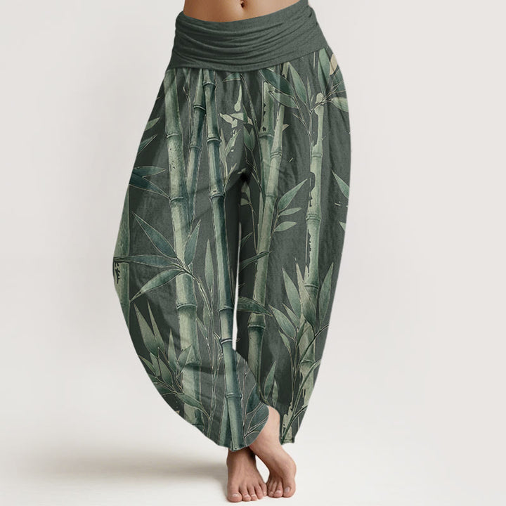 Pantalones harén de algodón puro con estampado de Buddha Stones de bambú para mujer, informales, con cintura elástica - Verde oscuro - US22，UK/AU26，EU54 (6XL) - image 6