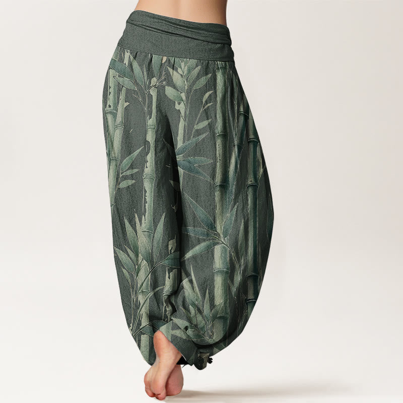 Pantalones harén de algodón puro con estampado de Buddha Stones de bambú para mujer, informales, con cintura elástica