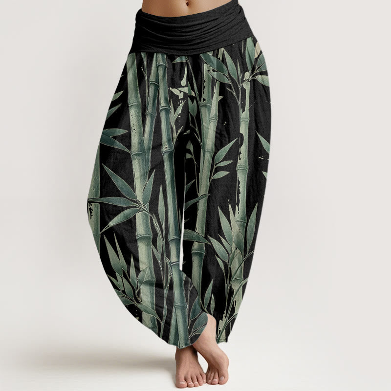 Pantalones harén de algodón puro con estampado de Buddha Stones de bambú para mujer, informales, con cintura elástica
