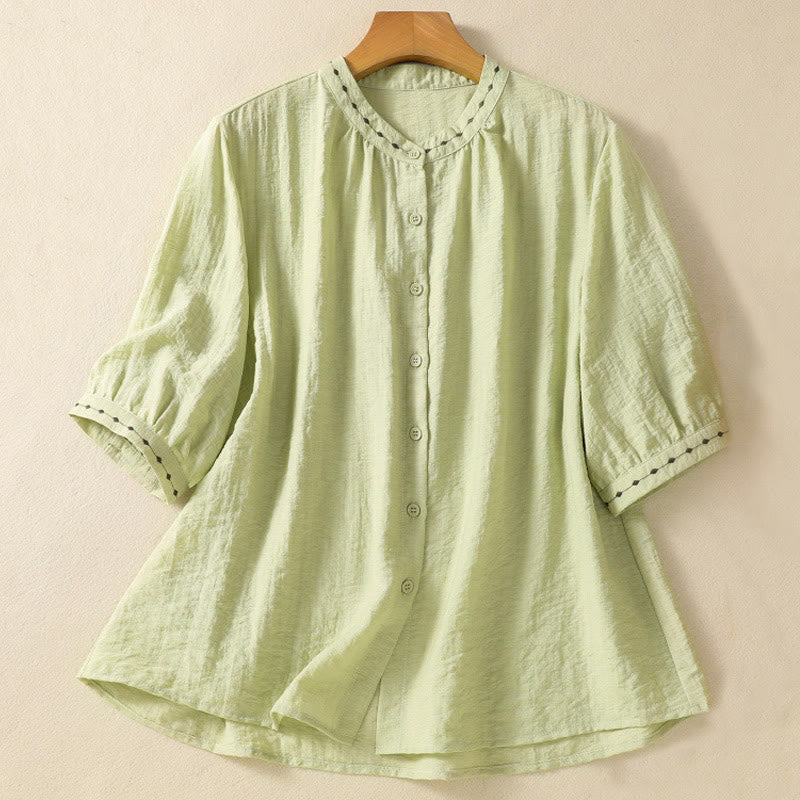 Camisa de cuello redondo para mujer con botones de algodón y diseño bordado de Buddha Stones - Verde claro - US14，UK/AU18，EU46 (2XL) - image 1