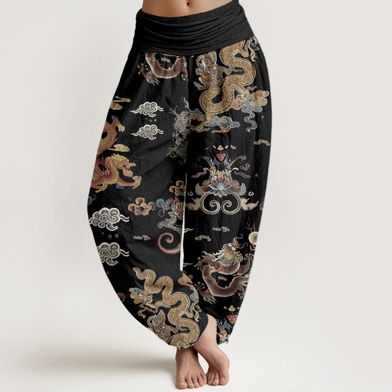 Pantalones Buddha Stones de algodón puro con diseño de dragones dorados y nubes auspiciosas para mujer, con cintura elástica - Negro - US22，UK/AU26，EU54 (6XL) - image 0