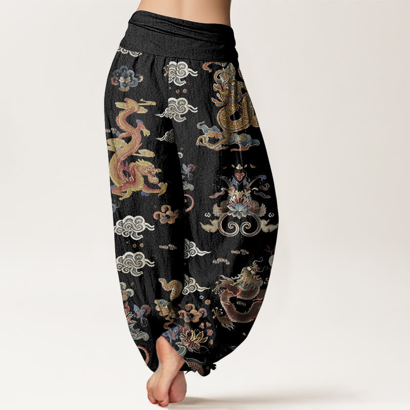 Pantalones Buddha Stones de algodón puro con diseño de dragones dorados y nubes auspiciosas para mujer, con cintura elástica