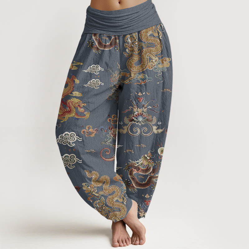 Pantalones Buddha Stones de algodón puro con diseño de dragones dorados y nubes auspiciosas para mujer, con cintura elástica