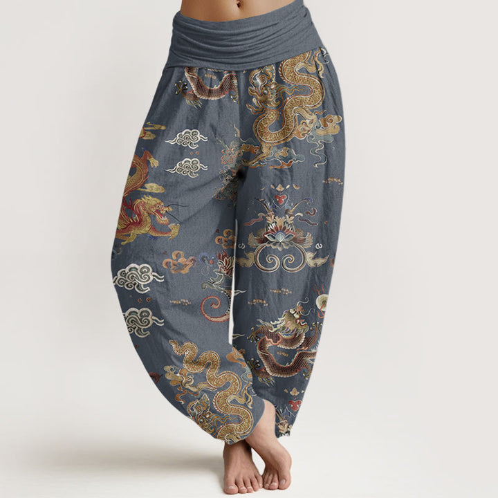 Pantalones Buddha Stones de algodón puro con diseño de dragones dorados y nubes auspiciosas para mujer, con cintura elástica