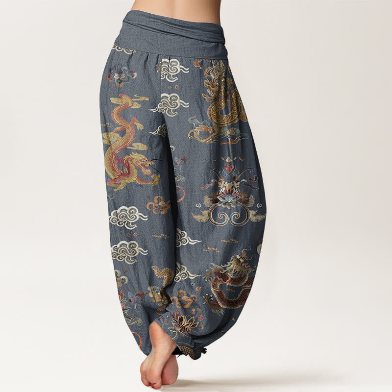 Pantalones Buddha Stones de algodón puro con diseño de dragones dorados y nubes auspiciosas para mujer, con cintura elástica