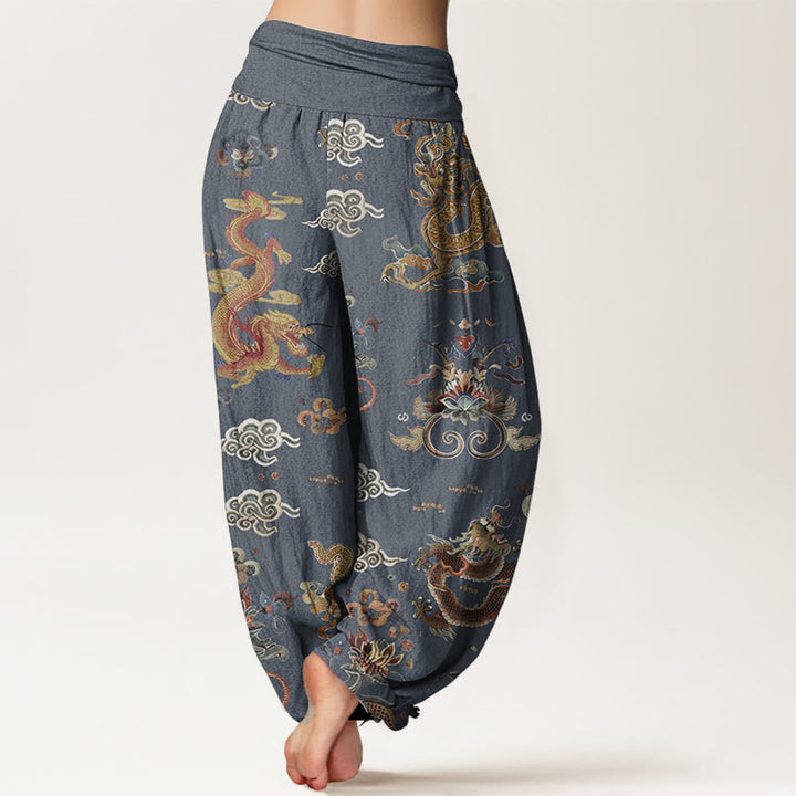 Pantalones Buddha Stones de algodón puro con diseño de dragones dorados y nubes auspiciosas para mujer, con cintura elástica