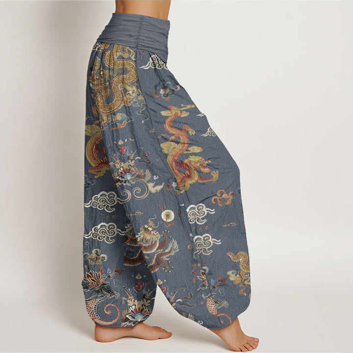 Pantalones Buddha Stones de algodón puro con diseño de dragones dorados y nubes auspiciosas para mujer, con cintura elástica - image 8
