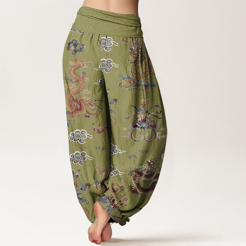 Pantalones Buddha Stones de algodón puro con diseño de dragones dorados y nubes auspiciosas para mujer, con cintura elástica