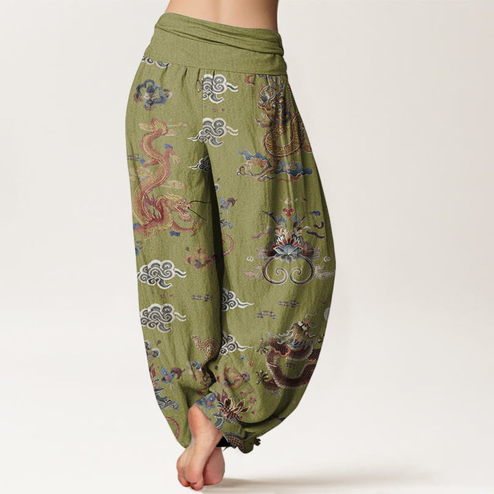 Pantalones Buddha Stones de algodón puro con diseño de dragones dorados y nubes auspiciosas para mujer, con cintura elástica