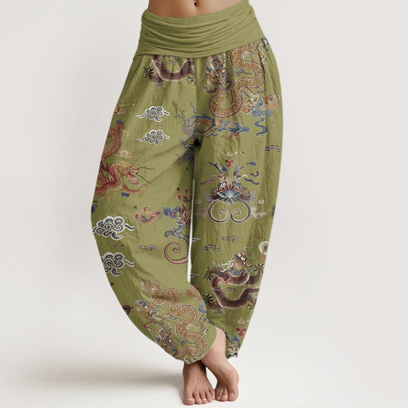 Pantalones Buddha Stones de algodón puro con diseño de dragones dorados y nubes auspiciosas para mujer, con cintura elástica