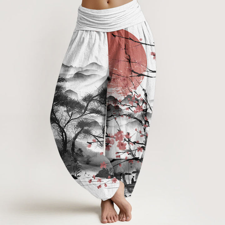 Pantalones Buddha Stones de algodón puro con estampado de flores de ciruelo rojo, montañas y sol, informales, con cintura elástica, para mujer - Blanco - US22，UK/AU26，EU54 (6XL) - image 0