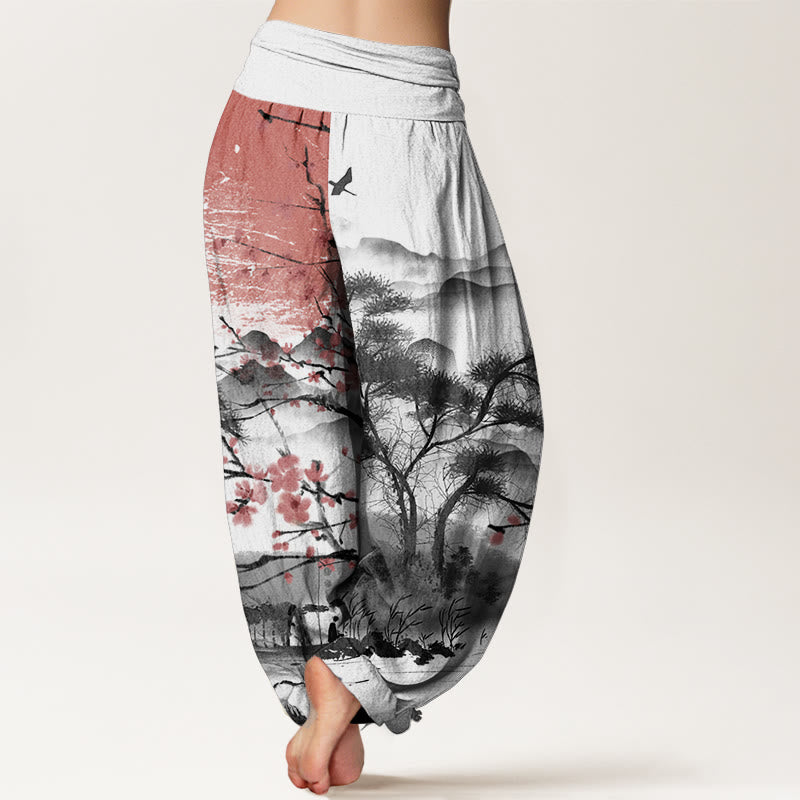 Pantalones Buddha Stones de algodón puro con estampado de flores de ciruelo rojo, montañas y sol, informales, con cintura elástica, para mujer - image 1