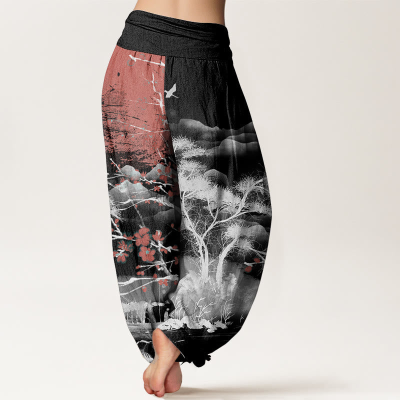 Pantalones Buddha Stones de algodón puro con estampado de flores de ciruelo rojo, montañas y sol, informales, con cintura elástica, para mujer - image 7