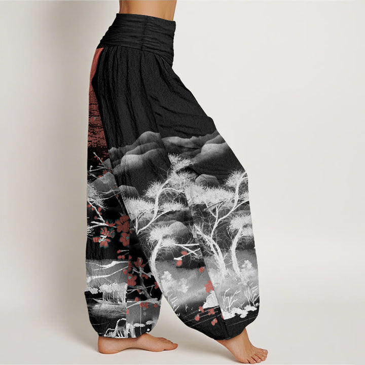 Pantalones Buddha Stones de algodón puro con estampado de flores de ciruelo rojo, montañas y sol, informales, con cintura elástica, para mujer - image 8